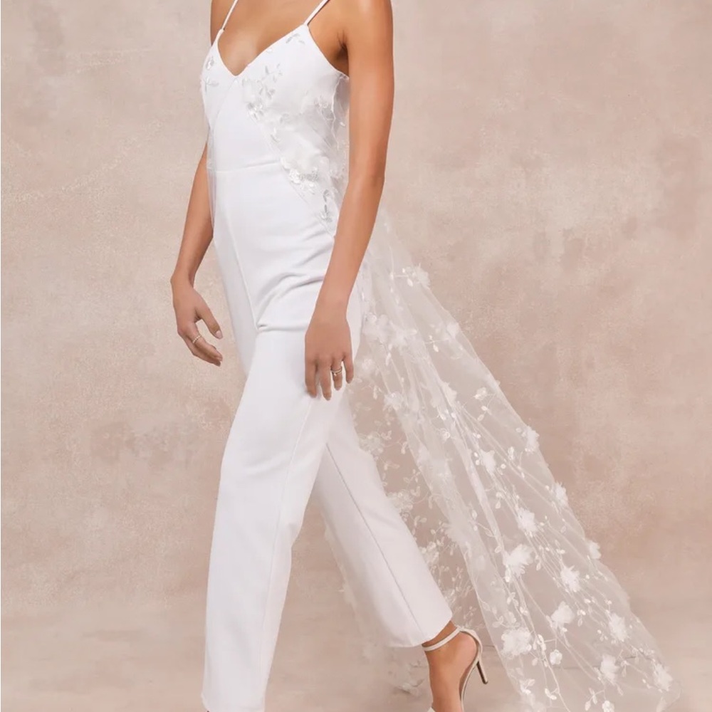 Worn Once Lulu's White Jumpsuit with Lace Overlay